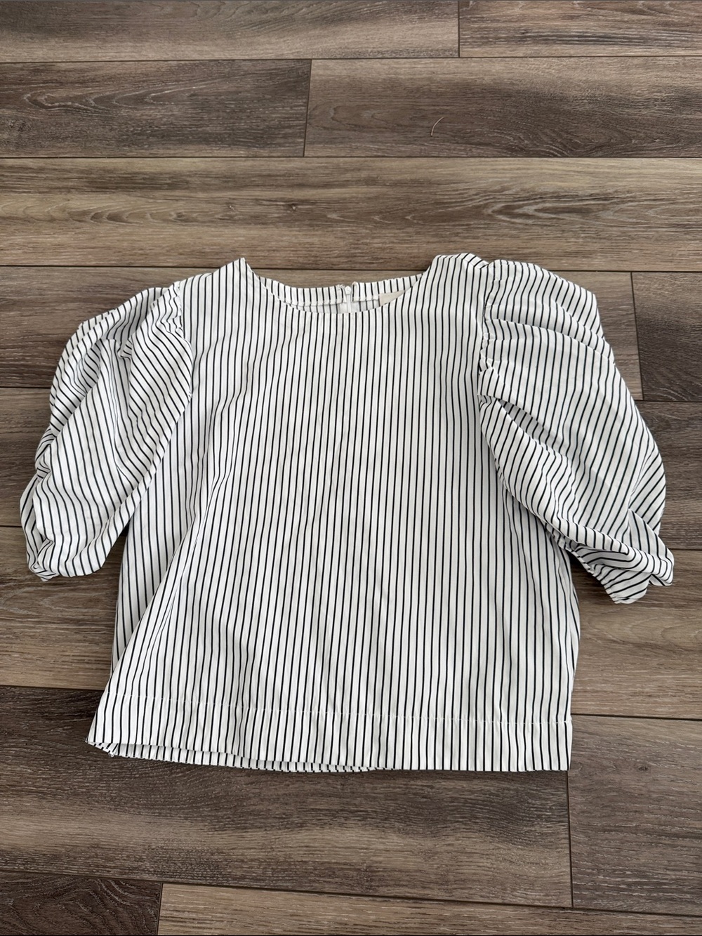 Maeve White Blouse with Black Vertical Stripes and Puff Sleeves